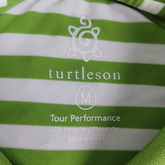 Turtleson Tour Performance Mens Medium Green White Striped Stretch Polo SS - Picture 4 of 5